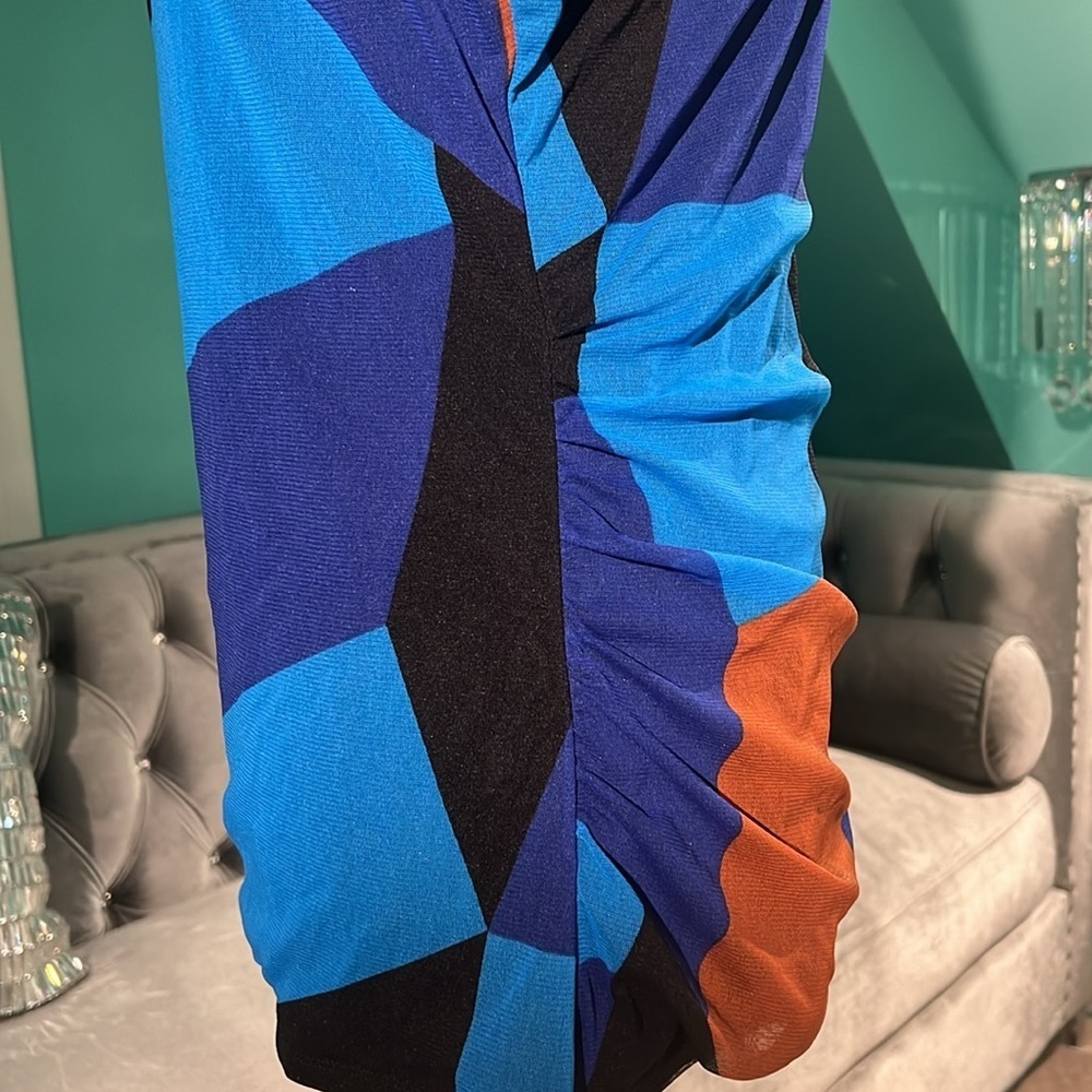 INC International Concepts -mesh overlay brown & blue abstract print top 💙🖤🤎 - Picture 4 of 7